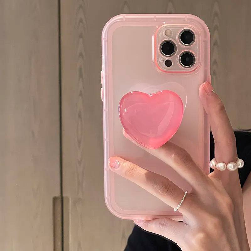 Japan Koreaanse Jelly Roze Liefde Hart Standhouder Clear Soft Case Voor Iphone X Xr Xs 11 12 13 14 15 Pro Max Beschermende Achterkant