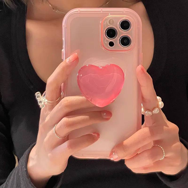 Japan Koreaanse Jelly Roze Liefde Hart Standhouder Clear Soft Case Voor Iphone X Xr Xs 11 12 13 14 15 Pro Max Beschermende Achterkant