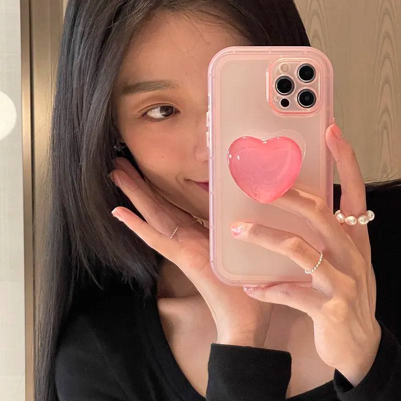 Japan Korean Jelly Pink Love Heart Stand Holder Clear Soft Case For IPhone X XR XS 11 12 13 14 15 Pro Max Protective Back Cover