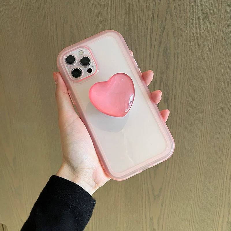 Japan Koreaanse Jelly Roze Liefde Hart Standhouder Clear Soft Case Voor Iphone X Xr Xs 11 12 13 14 15 Pro Max Beschermende Achterkant