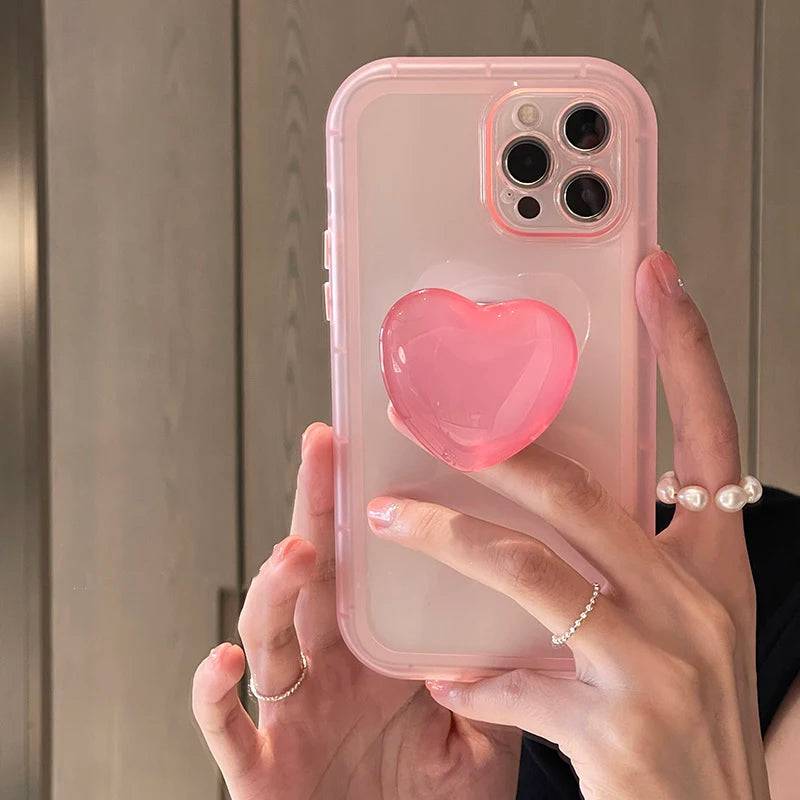 Japan Koreaanse Jelly Roze Liefde Hart Standhouder Clear Soft Case Voor Iphone X Xr Xs 11 12 13 14 15 Pro Max Beschermende Achterkant