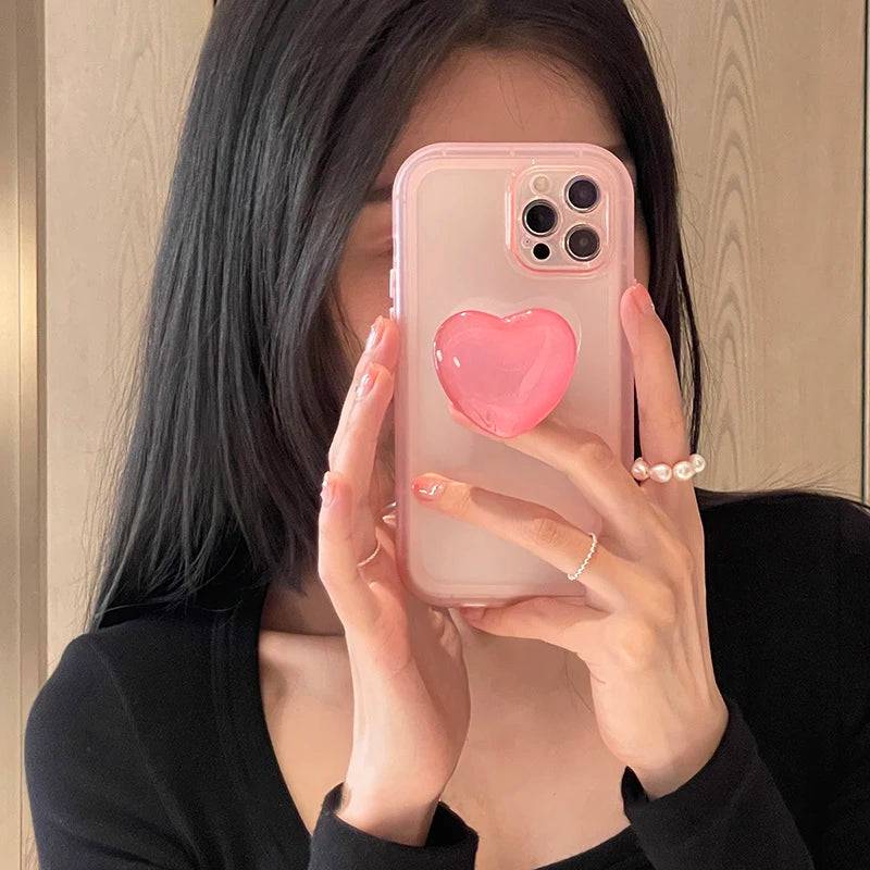 Japan Korean Jelly Pink Love Heart Stand Holder Clear Soft Case For IPhone X XR XS 11 12 13 14 15 Pro Max Protective Back Cover