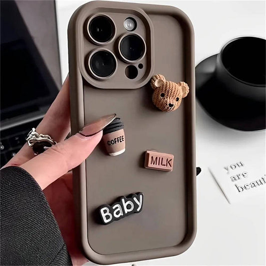 Cute 3D Bear Coffee Milk Candy Liquid Phone Case For iPhone 11 13 12 14 15 Pro Max XR XS Max Korean Cartoon Cover