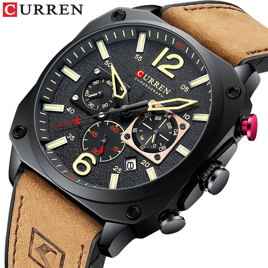 Yoors Shop CURREN Marke Luxus Herren Braun Quarz Armbanduhren für Männliche Leuchtende Chronographen