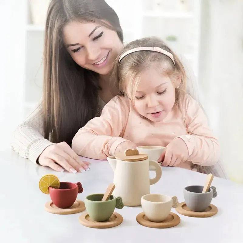 Montessori-pädagogisches Holzmodell-Puzzlespielzeug für Kinder: Nachmittagstee-Set, Holzeisenbahn und Musikpavillon