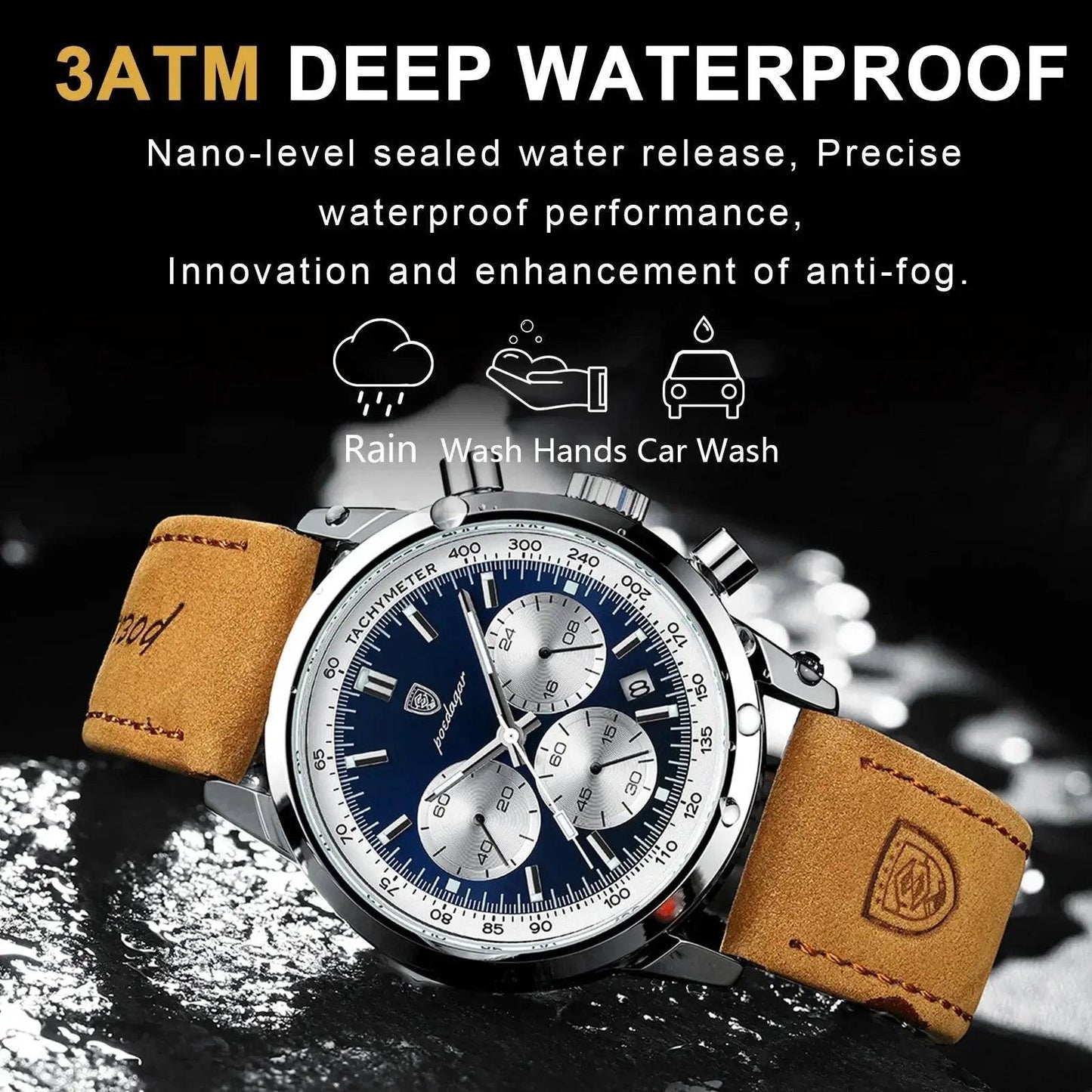 POEDAGAR Luxury Man Watch High Quality Waterproof Chronograph Luminous Leather Men Quartz Watch