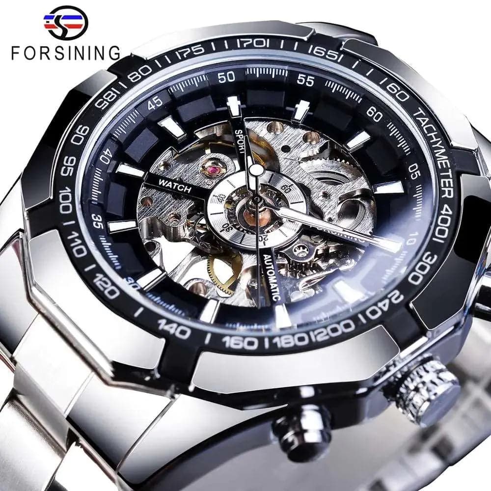 Forsining 2024 Edelstahl Wasserdicht Herren Skeleton Uhren Top Marke Luxus Transparente Mechanische Sport Männliche Armbanduhren