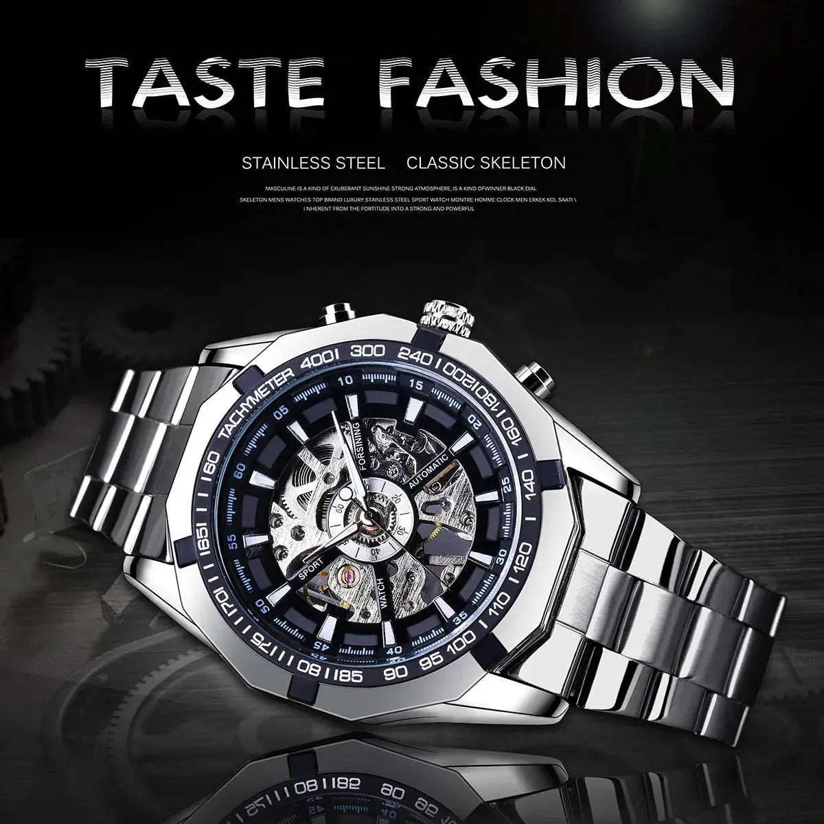 Forsining 2024 Edelstahl Wasserdicht Herren Skeleton Uhren Top Marke Luxus Transparente Mechanische Sport Männliche Armbanduhren