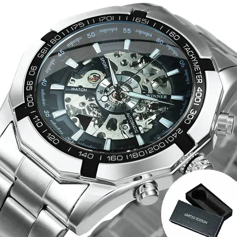 Forsining 2024 Edelstahl Wasserdicht Herren Skeleton Uhren Top Marke Luxus Transparente Mechanische Sport Männliche Armbanduhren