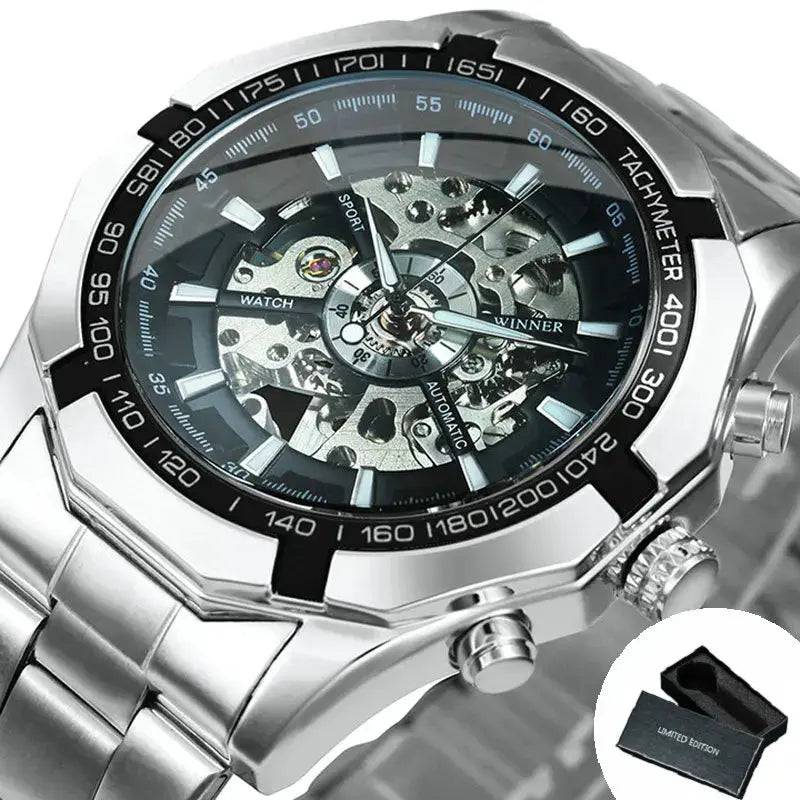 Forsining 2024 Edelstahl Wasserdicht Herren Skeleton Uhren Top Marke Luxus Transparente Mechanische Sport Männliche Armbanduhren