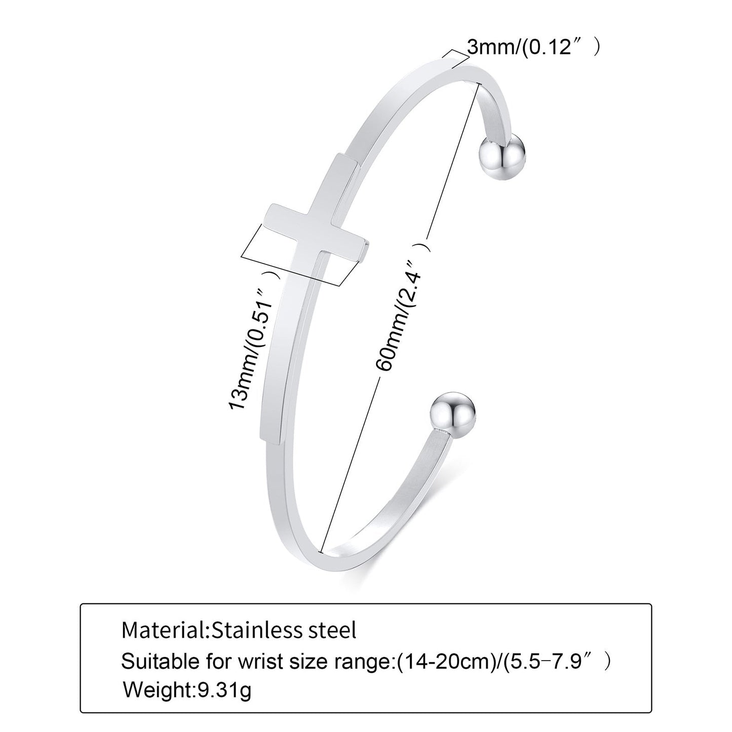 SILBERNES KREUZ-MANSCHETTEN-ARMBAND. SEITLICH KREUZ-ARMBAND AUS EDELSTAHL