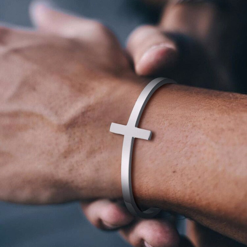 SILVERLY CROSS CUFF BRACELET STAINLESS STEEL SIDEWAYS CROSS BRACELET