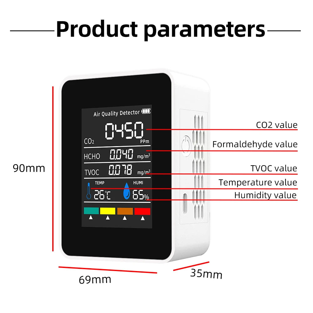 5 In 1 Digital Air Qualität Detektor CO2 HCHO TVOC Temperatur Feuchtigkeit Monitor Tester Kohlendioxid LCD Wiederaufladbare Detektor