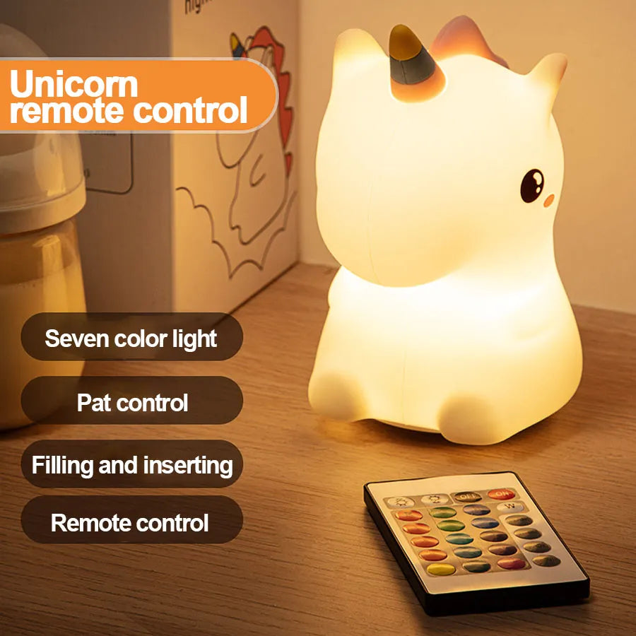 Einhorn süße Silikon LED Nachtlicht für Kinder Kinder USB wiederaufladbare Cartoon Tier Schlafzimmer Dekor Touch Nachtlampe für Geschenke