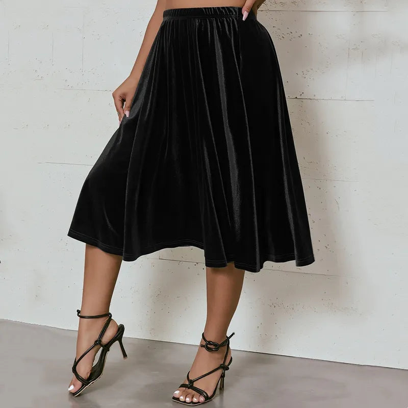 Plus Size High Elastic Waist Velvet Skirt Women Solid Black Spring Autumn Midi Party Skirt A-line Flare Skirt Large Size 6XL 7XL