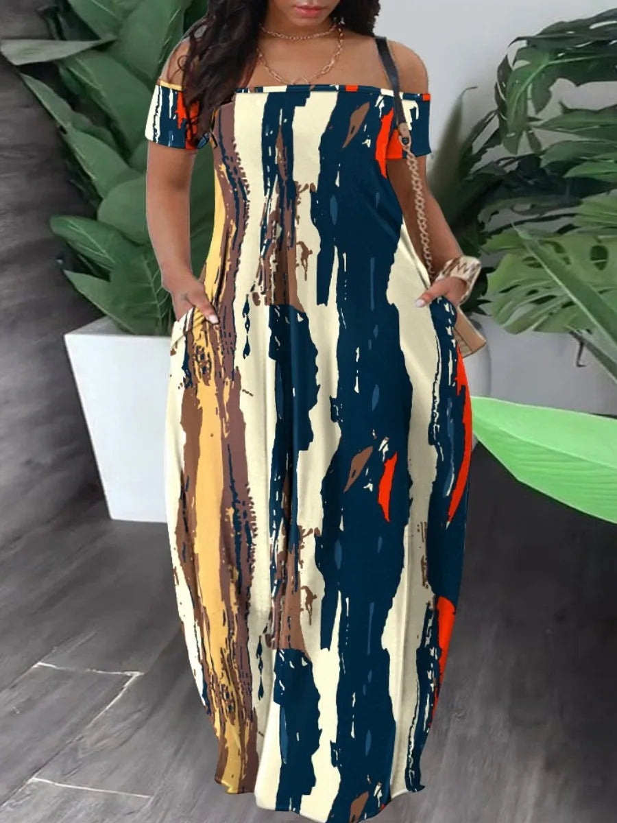 LW Bateau-hals Camo Off-the-shoulder Maxi-jurken Korte mouw Vloerlengte Camouflage Casual zomer Nieuwe dameskleding