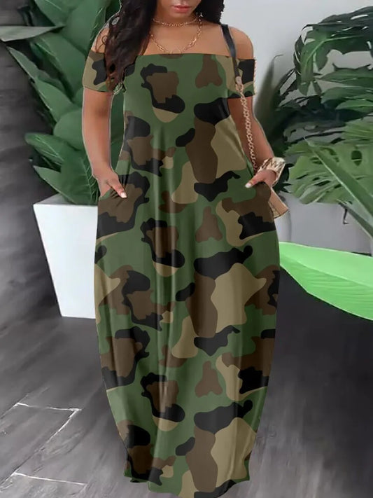 LW Bateau-hals Camo Off-the-shoulder Maxi-jurken Korte mouw Vloerlengte Camouflage Casual zomer Nieuwe dameskleding