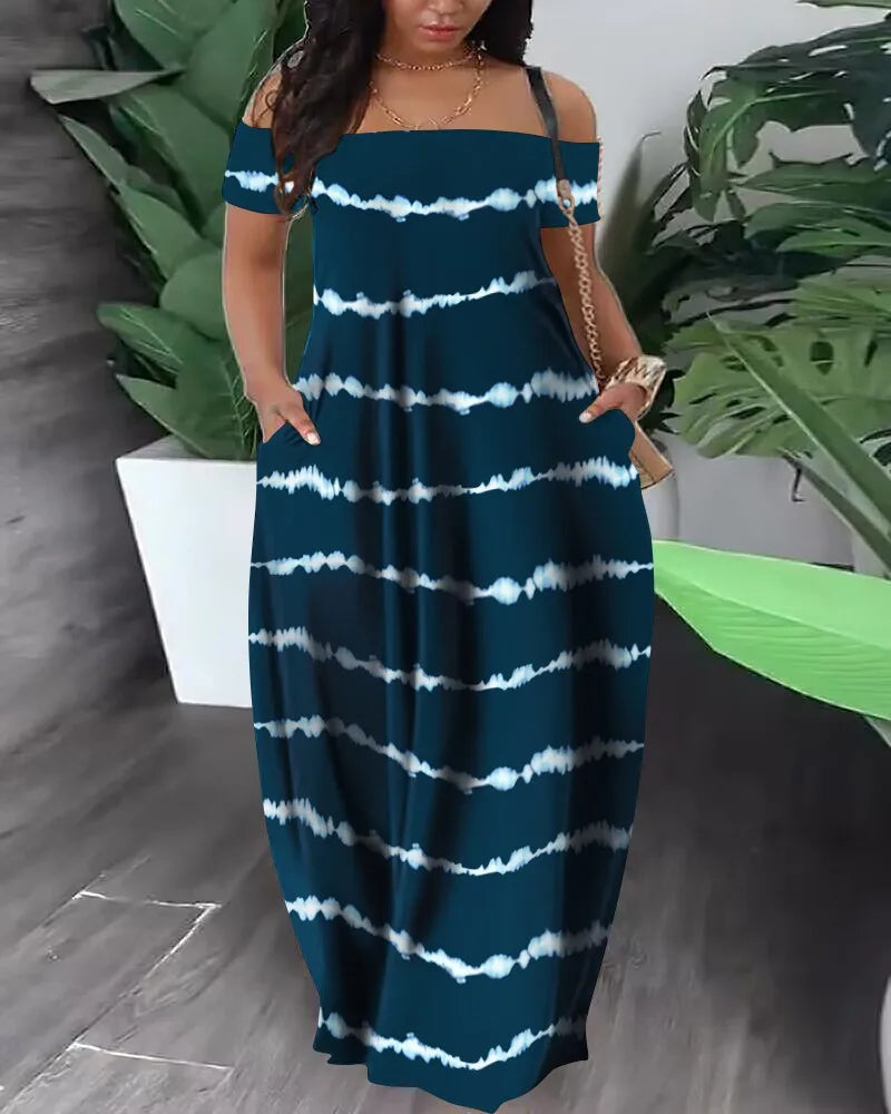 LW Bateau-hals Camo Off-the-shoulder Maxi-jurken Korte mouw Vloerlengte Camouflage Casual zomer Nieuwe dameskleding