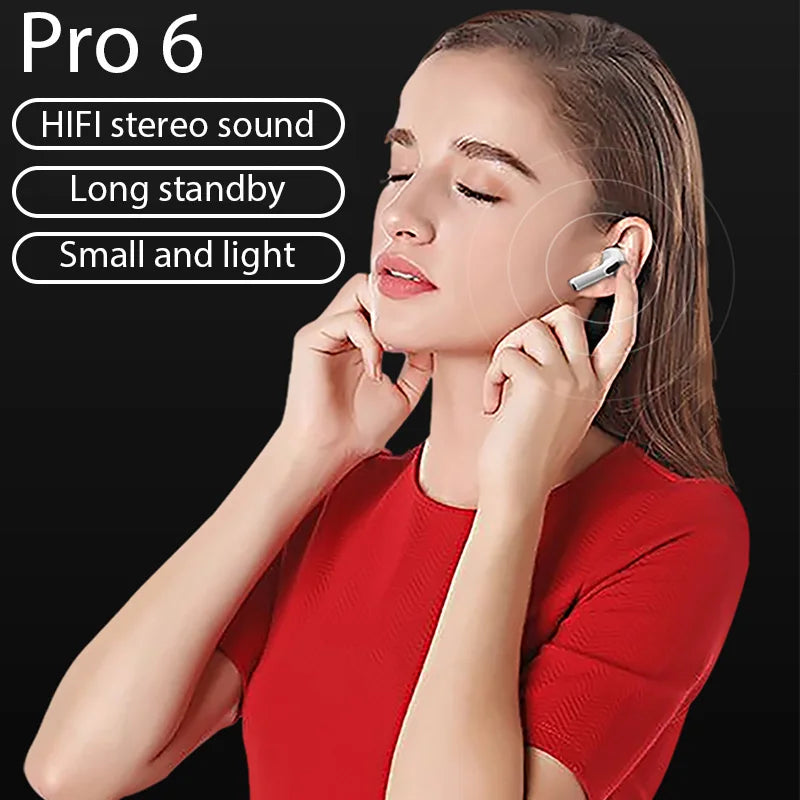 Pro 6 TWS Bluetooth-Kopfhörer für iPhone, kabelloses Bluetooth-Headset, Ohrhörer mit Geräuschunterdrückung und Mikrofon, kabellose Pro6-Kopfhörer