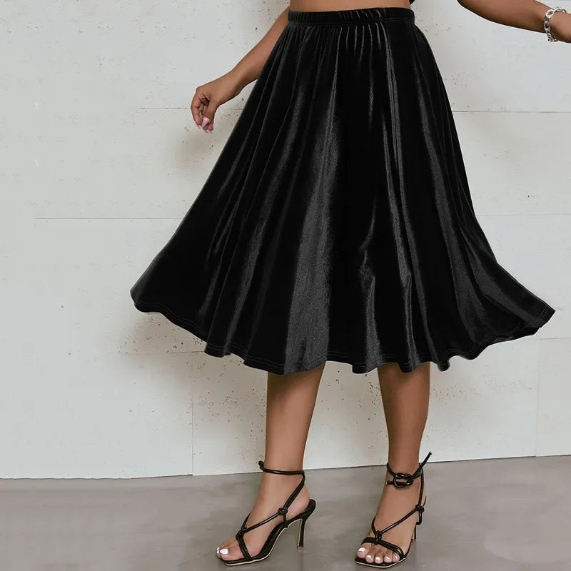 Plus Size High Elastic Waist Velvet Skirt Women Solid Black Spring Autumn Midi Party Skirt A-line Flare Skirt Large Size 6XL 7XL