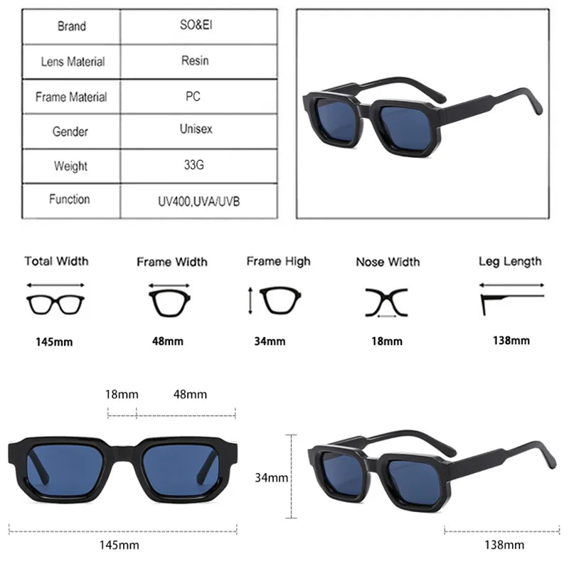 SO&EI Fashion Square Sonnenbrille Damen Shades UV400 Vintage Blue Tea Punk Herren Sonnenbrille