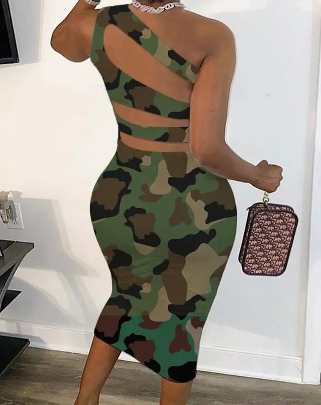 Summer Women's Fashion Skinny Dresses Night Out Camouflage Print Cutout One Shoulder Design Female Mid-Calf Bodycon Dress