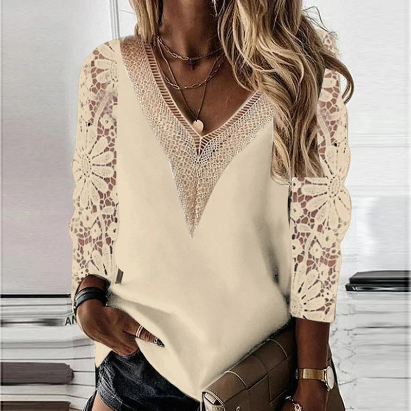 Elegant Long Sleeve Lace Cotton Blouse