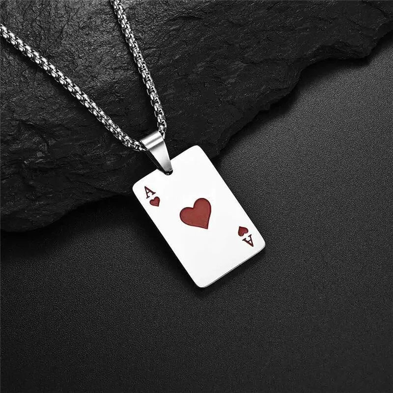 2-teiliges Set Hip Hop Statement Edelstahl Poker Karte Ace of Spades Halskette für Frauen Männer Anhänger Kette Spielkarten Schmuck