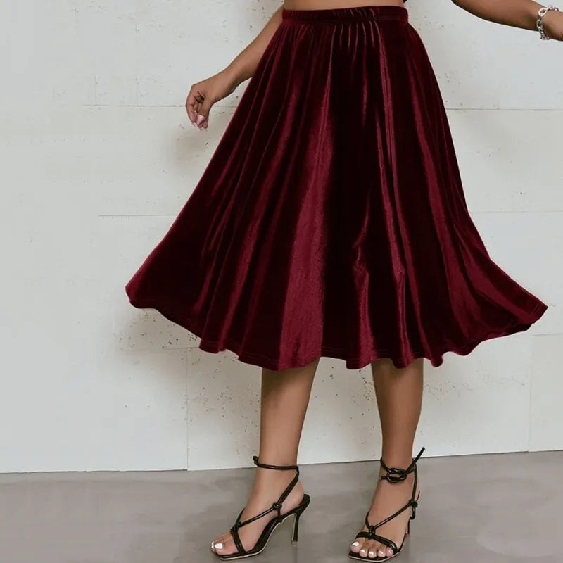 Plus Size High Elastic Waist Velvet Skirt Women Solid Black Spring Autumn Midi Party Skirt A-line Flare Skirt Large Size 6XL 7XL